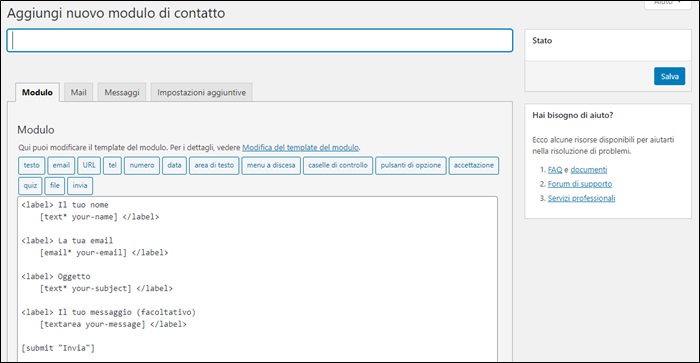 La scheda per creare moduli di contatto di Contact Form 7