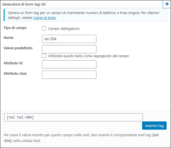 Il generatore di form-tag per l'inserimento del campo Tel in un modulo di Contact Form 7