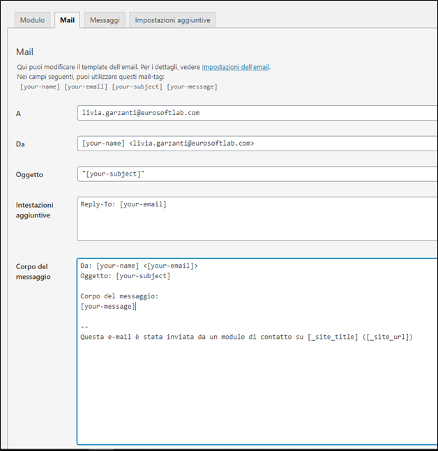 La scheda Mail di configurazione di un modulo di contatto di Contact Form 7